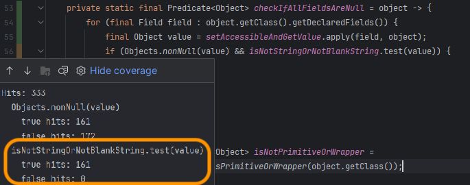 Screenshot di IntelliJ con la finestra di branch coverage: il predicato isNotStringOrNotBlankString.test(value) mostra true hits 161 e false hits 0 su 333 hit totali